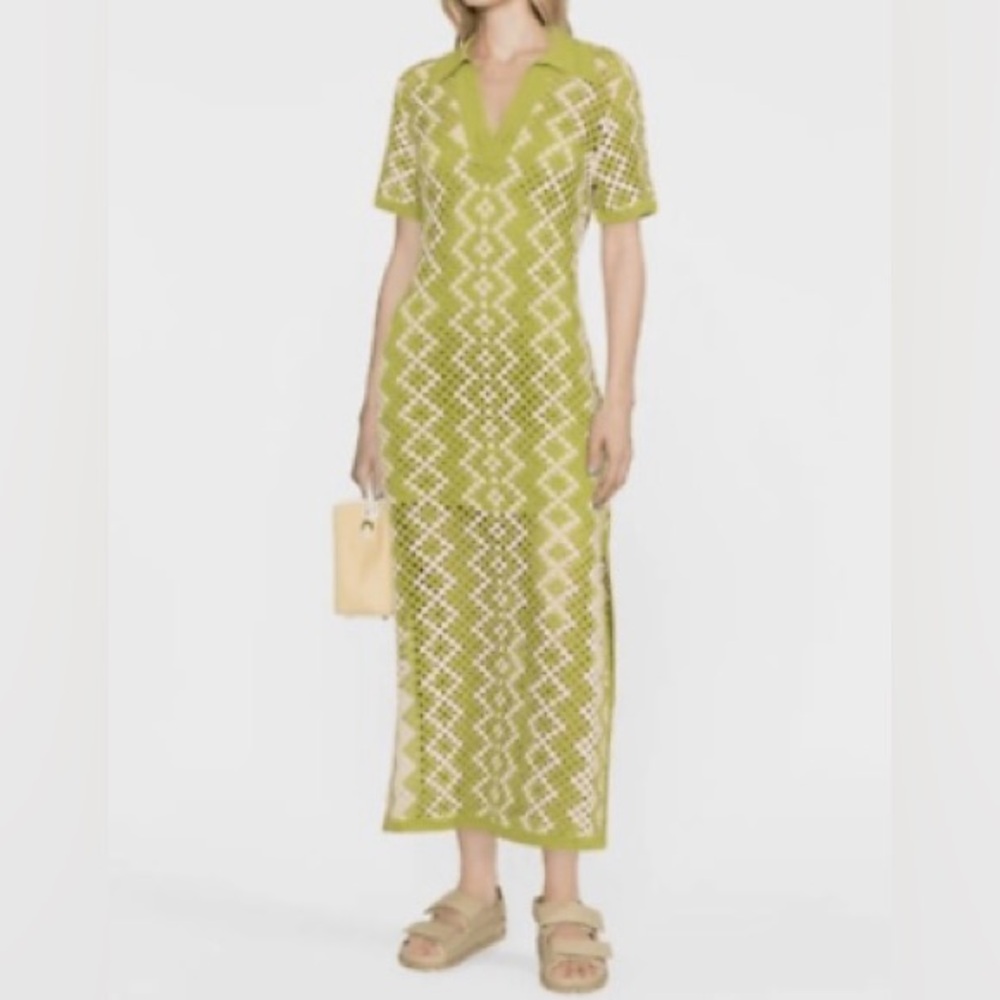 SANDRO Oona Crochet tunic dress, green 50 inches long side slits.EU 38, medium.